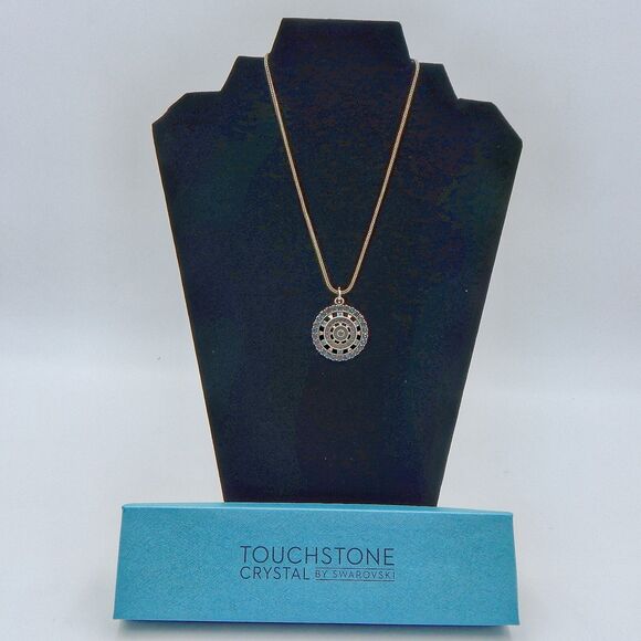 Touchstone Crystal by Swarovski Denim Medallion Necklace Oxidized Silver 15-18” - Picture 1 of 7